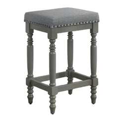 Set of 2 Rustic Wooden Counter Stools, 26-Inch Farmhouse Barstools with Padded Velvet Seat, Nailhead Trim, Distressed Cool Gray Finish & Turned Legs – Counter-Height Kitchen Seating