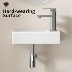 Wall-Mounted Ceramic Bathroom Sink 14.57" x 7.09" x 3.54" - White Porcelain Vessel Basin with Silver Color Faucet & Drain, Space-Saving Design for Small Bathroom, Powder Room(H8315-SET)