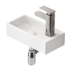 Wall-Mounted Ceramic Bathroom Sink 14.57" x 7.09" x 3.54" - White Porcelain Vessel Basin with Silver Color Faucet & Drain, Space-Saving Design for Small Bathroom, Powder Room(H8315-SET)