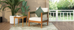 Acacia Wood Outdoor Club Chair with Handwoven Rope Accents & Curved Backrest - Water-Resistant Boho Patio Lounge Chair with Removable Cushions for Porch, Garden