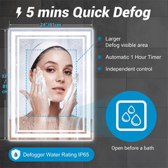 Bathroom Mirror 40" x 24" Front and Backlight, 5 Mins Defog, 5MM Full HD Reflected Wall Mounted Vanity Mirror, 3 Colors Stepless Dimmable, CRI90+, Memory Function (Plug-in/Hardwire)