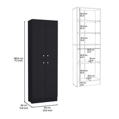 Kitchen Pantry 71" H, 4 Doors, 5 Adjustable Shelves, Laundry, Black