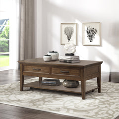 1pc Transitional Walnut Finish Cocktail Table with 2 Drawers Shelf Wooden Living Room Furniture Coffee Table