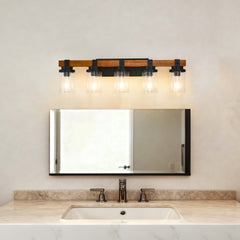 5-Light Matte Black +Wood Wall Lamps with Glass Lamp Shades (No Bulbs) For Bathroom Kitchen Dinning Room