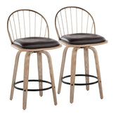 Riley 26" Farmhouse Fixed-Height Counter Stool in White Washed Wood, Antique Copper Metal with Removable Brown Faux Leather Cushion and Round Black Metal Footrest by LumiSource - Set of 2