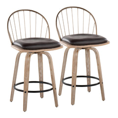 Riley 26" Farmhouse Fixed-Height Counter Stool in White Washed Wood, Antique Copper Metal with Removable Brown Faux Leather Cushion and Round Black Metal Footrest by LumiSource - Set of 2
