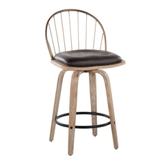 Riley 26" Farmhouse Fixed-Height Counter Stool in White Washed Wood, Antique Copper Metal with Removable Brown Faux Leather Cushion and Round Black Metal Footrest by LumiSource - Set of 2