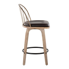Riley 26" Farmhouse Fixed-Height Counter Stool in White Washed Wood, Antique Copper Metal with Removable Brown Faux Leather Cushion and Round Black Metal Footrest by LumiSource - Set of 2