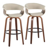 Vintage Mod 30" Mid-Century Modern Fixed-Height Barstool with Swivel in Walnut Wood and Cream Fabric with Round Black Metal Footrest by LumiSource - Set of 2