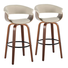 Vintage Mod 30" Mid-Century Modern Fixed-Height Barstool with Swivel in Walnut Wood and Cream Fabric with Round Black Metal Footrest by LumiSource - Set of 2