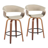 Vintage Mod 26" Mid-Century Modern Fixed-Height Counter Stool with Swivel in Walnut Wood and Cream Fabric with Round Black Metal Footrest by LumiSource - Set of 2