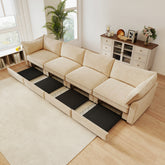 4-seater sofa, with a pull-out drawer under each seat, designed with crescent-shaped armrests, and equipped with wraparound back and arm cushions, chenille fabric, wheat colour.