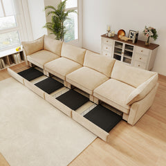 4-seater sofa, with a pull-out drawer under each seat, designed with crescent-shaped armrests, and equipped with wraparound back and arm cushions, chenille fabric, wheat colour.
