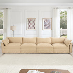 4-seater sofa, with a pull-out drawer under each seat, designed with crescent-shaped armrests, and equipped with wraparound back and arm cushions, chenille fabric, wheat colour.
