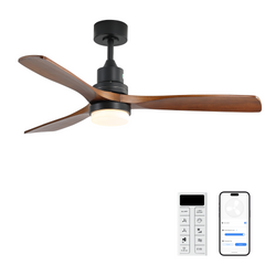 52 Inch Smart Ceiling Fan with LED 18W Triple Color Dimmable Memory Lighting 3 Walnut Finish Blades and DC Motor