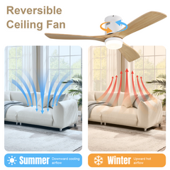 52 Inch Decorative Smart Ceiling Fan With 6 Speed Remote White 3 Solid Wood Blades Reversible DC Motor For Living Room