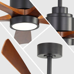 52 Inch Matte Black Ceiling Fan with Walnut Blades 18W Three Color Dimmable Light Memory Function & Reversible Motor