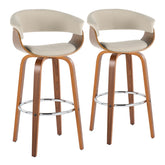 Vintage Mod 30" Mid-Century Modern Fixed-Height Barstool with Swivel in Walnut Wood and Cream Fabric with Round Chrome Metal Footrest by LumiSource - Set of 2