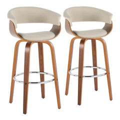 Vintage Mod 30" Mid-Century Modern Fixed-Height Barstool with Swivel in Walnut Wood and Cream Fabric with Round Chrome Metal Footrest by LumiSource - Set of 2