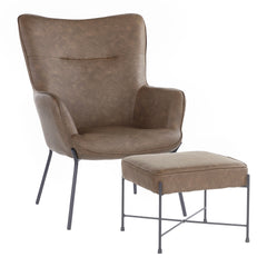 Izzy Industrial Lounge Chair and Ottoman Set in Black Metal and Espresso Faux Leather by LumiSource