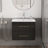 24-Inch Wall-Mounted Bathroom Vanity with Sink Combo,Double Drawers, Ceramic Basin, Easy Assemble,Long Handle In Gold Metal,2 Storage Drawers,Glossy Black
