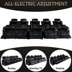 155.5"Power Recliner 5 PC Made WithTop-Grain Nappa,Fully Adjustable Relaxation,Smart Charging,Dynamic RGB LED Lighting,BLACK