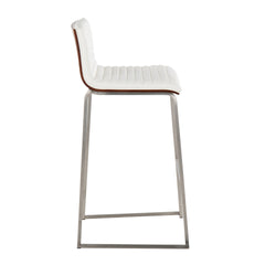 Mason Mara 30" Contemporary Fixed-Height Barstool in Stainless Steel, Walnut Wood and White Faux Leather by LumiSource - Set of 2