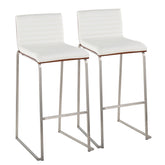 Mason Mara 30" Contemporary Fixed-Height Barstool in Stainless Steel, Walnut Wood and White Faux Leather by LumiSource - Set of 2