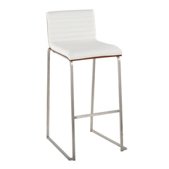 Mason Mara 30" Contemporary Fixed-Height Barstool in Stainless Steel, Walnut Wood and White Faux Leather by LumiSource - Set of 2