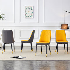 A modern dining chair with orange yellow dark gray dual tone PU leather backrest and black metal legs, suitable for kitchens, bedrooms, and offices. Set of 4 pieces (orange yellow, dark gray+PU)C-007