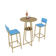 Bar table and chairs three piece set, gold frame, sponge made seat cushions and backrests, bar table with storage function (gold+brown tabletop+blue cushion)