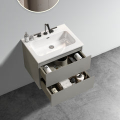 TIA 24" Wall Mount Space Grey Bathroom Vanity with Ceramic Sink with Three Faucet Holes, Large Storage Floating Bathroom Vanity for Modern Bathroom, One-Piece Sink Basin without Drain, Pre-assembled