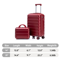 14"/20" 2 pcs/set in ABS Spinner Wheel Luggage, with Combination Lock,14" Cosmetic Case (WINE RED)