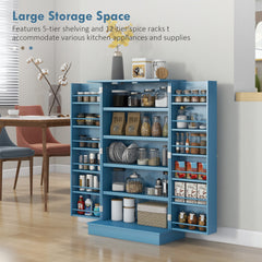 HOMCOM 41" Kitchen Pantry Storage Cabinet, Freestanding Kitchen Cabinet with 12 Door Shelves, Double Doors, 5-tier Shelving and Adjustable Shelves, Blue