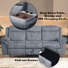 Zubaida Two Tone Gray Velvet Recliner Sofa w/USB Port & Drop Down Table