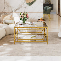 Square Glass Coffee Table in 33.5",Luxurious Geometric Metal Frame,Gold Finish & Lower Shelf