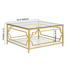 Square Glass Coffee Table in 33.5",Luxurious Geometric Metal Frame,Gold Finish & Lower Shelf