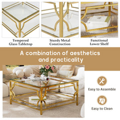 Square Glass Coffee Table in 33.5",Luxurious Geometric Metal Frame,Gold Finish & Lower Shelf