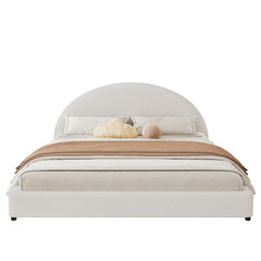 King Size Bed Frame With Boucle Upholstered Round Curved Headboard, White