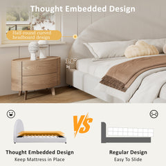 King Size Bed Frame With Boucle Upholstered Round Curved Headboard, White