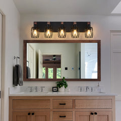 31" Industrial Vintage 5-Light Wall Sconce - Black Cage Wall Lighting Fixture with Wooden Accents for Bathroom, Hallway, or Living Room (Bulb Not Included)