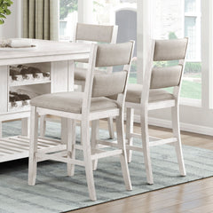 7pc Counter Height Dining Set Antique White Finish Table with Storage Drawers Wine-Rack Shelves 6x Chairs Upholstered Seat Furniture