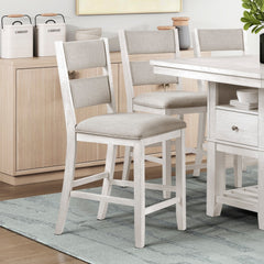 7pc Counter Height Dining Set Antique White Finish Table with Storage Drawers Wine-Rack Shelves 6x Chairs Upholstered Seat Furniture