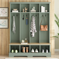Farmhouse Hall Tree with 8 Hooks, Practical Entryway Bench with Open Compartments, 76.7"H Modern 3-in-1 Wooden Style Coat and Shoe Rack for Mudroom, Living Room, Mint Green