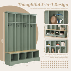 Farmhouse Hall Tree with 8 Hooks, Practical Entryway Bench with Open Compartments, 76.7"H Modern 3-in-1 Wooden Style Coat and Shoe Rack for Mudroom, Living Room, Mint Green