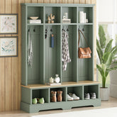 Farmhouse Hall Tree with 8 Hooks, Practical Entryway Bench with Open Compartments, 76.7"H Modern 3-in-1 Wooden Style Coat and Shoe Rack for Mudroom, Living Room, Mint Green