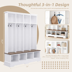 Farmhouse Hall Tree with 8 Hooks, Practical Entryway Bench with Open Compartments, 76.7"H Modern 3-in-1 Wooden Style Coat and Shoe Rack for Mudroom, Living Room, White