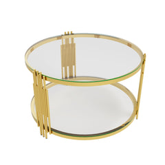 Modern Glass Coffee Table in 31.5", Asymmetrical Metal, Circular Metal Drum Base, Gold Finish & Lower Shelf
