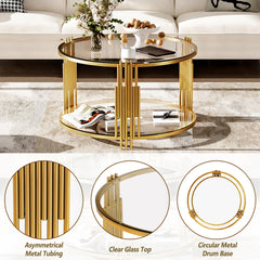 Modern Glass Coffee Table in 31.5", Asymmetrical Metal, Circular Metal Drum Base, Gold Finish & Lower Shelf