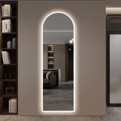 65" x 21" LED Full Length Wall Mirror, Symmetrical Arch Design with Frosted Glass Border, Dimmable 3 Color Temperature Lighting, Copper-Free Silver Glass, Hardwired or Plug-In